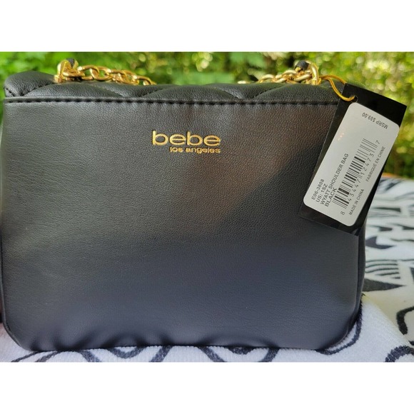NWT bebe WYATT V-FLAP SHOULDER BAG. Mini. Black With Gold Hardware - Picture 2 of 12